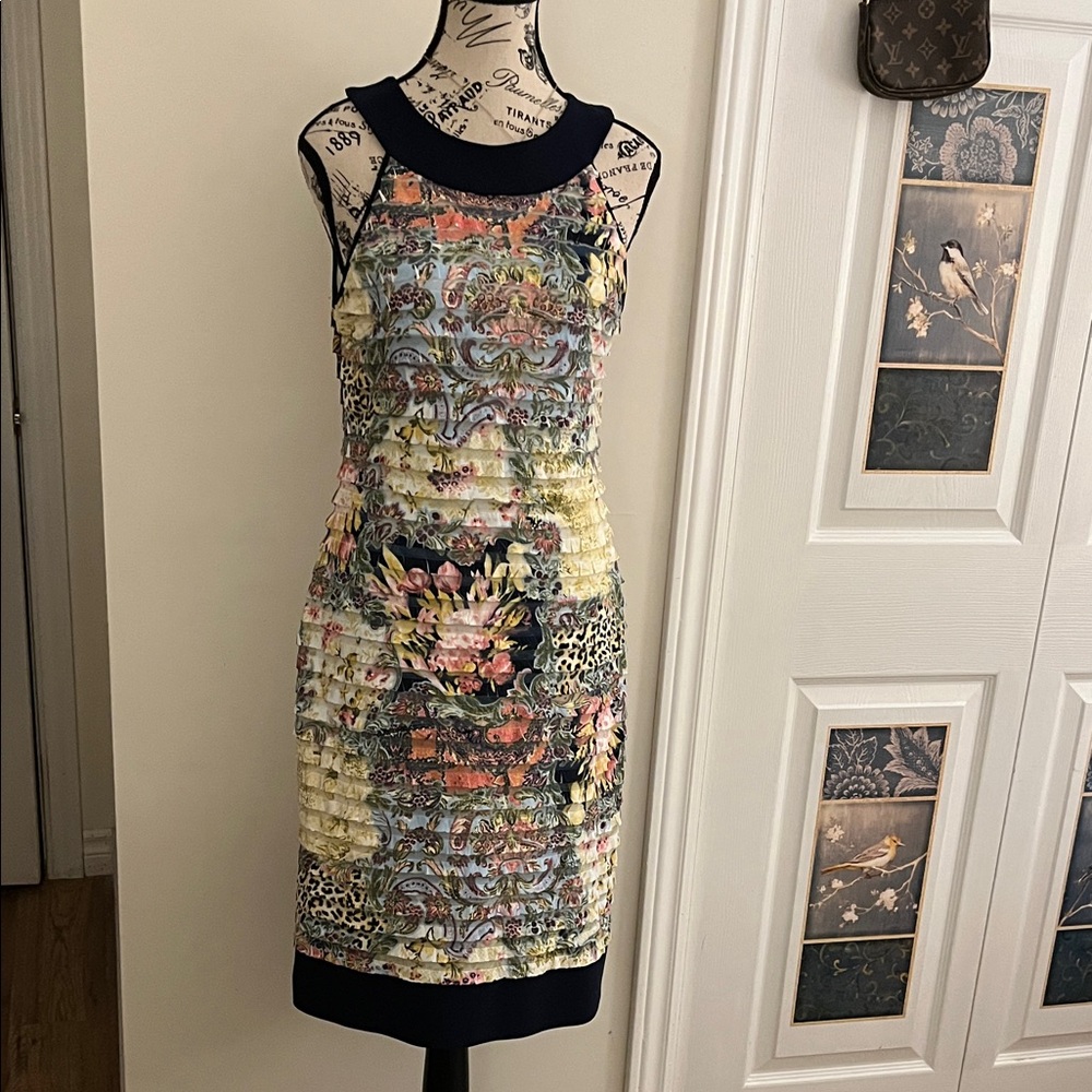 Joseph Ribkoff Multicolor Floral Ruching Midi Dress with Black Trim